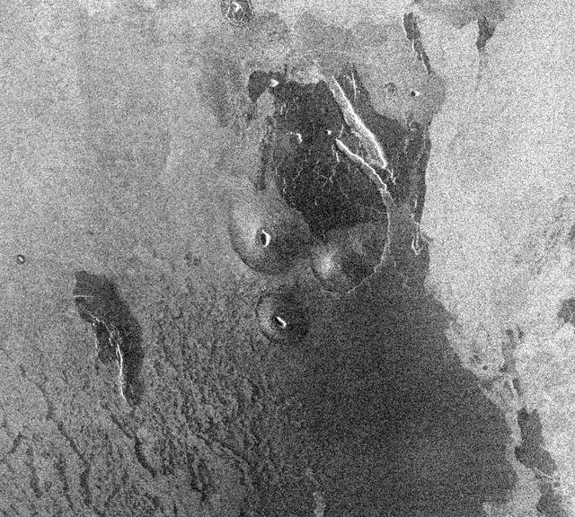 This image from NASA Magellan spacecraft is from the eastern Ovda region of Venus. The image shows some small volcanic domes on the flank of the volcano Maat.