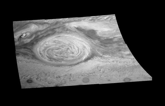 The Great Red Spot GRS of Jupiter as seen by NASA Galileo imaging system. The image is a mosaic of six images taken over an 80 second interval during the first GRS observing sequence on June 26, 1996.