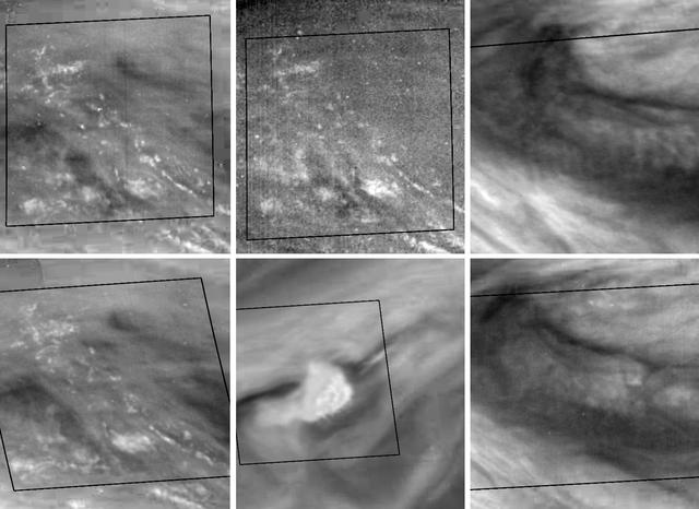 This montage features activity in the turbulent region of Jupiter Great Red Spot GRS. Four sets of images of the GRS were taken by NASA Galileo imaging system over an 11.5 hour period on 26 June, 1996.