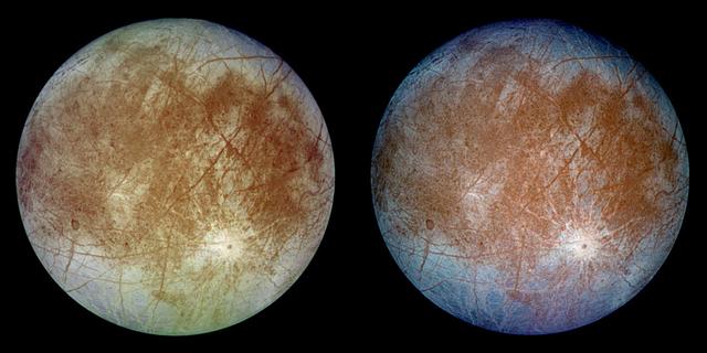 This image, taken on September 7, 1996 by NASA Galileo orbiter, shows two views of the trailing hemisphere of Jupiter ice-covered satellite, Europa. The left image shows the approximate natural color appearance of Europa. The image on the right is a false-color composite version combining violet, green and infrared images to enhance color differences in the predominantly water-ice crust of Europa. Dark brown areas represent rocky material derived from the interior, implanted by impact, or from a combination of interior and exterior sources. Bright plains in the polar areas (top and bottom) are shown in tones of blue to distinguish possibly coarse-grained ice (dark blue) from fine-grained ice (light blue). Long, dark lines are fractures in the crust, some of which are more than 3,000 kilometers (1,850 miles) long. The bright feature containing a central dark spot in the lower third of the image is a young impact crater some 50 kilometers (31 miles) in diameter. This crater has been provisionally named "Pwyll" for the Celtic god of the underworld.  Europa is about 3,160 kilometers (1,950 miles) in diameter, or about the size of Earth's moon. This image was taken on September 7, 1996, at a range of 677,000 kilometers (417,900 miles) by the solid state imaging television camera onboard the Galileo spacecraft during its second orbit around Jupiter. The image was processed by Deutsche Forschungsanstalt fuer Luftund Raumfahrt e.V., Berlin, Germany.  http://photojournal.jpl.nasa.gov/catalog/PIA00502