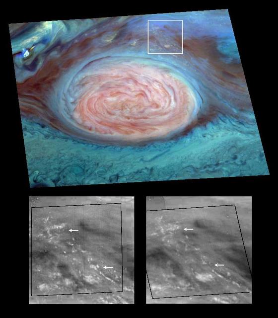 Scientists have spotted what appear to be thunderheads on Jupiter bright white cumulus clouds similar to those that bring thunderstorms on Earth - at the outer edges of Jupiter's Great Red Spot. Images from NASA's Galileo spacecraft now in orbit around Jupiter are providing new evidence that thunderstorms may be an important source of energy for Jupiter's winds that blow at more than 500 kilometers per hour (about 300 miles per hour). The photos were taken by Galileo's solid state imager camera on June 26, 1996 at a range of about 1.4 million kilometers (about 860,000 miles).  The image at top is a mosaic of multiple images taken through near-infrared filters. False coloring in the image reveals cloud-top heights. High, thick clouds are white and high, thin clouds are pink. Low-altitude clouds are blue. The two black-and-white images at bottom are enlargements of the boxed area; the one on the right was taken 70 minutes after the image on the left. The arrows show where clouds have formed or dissipated in the short time between the images. The smallest clouds are tens of kilometers across.  On Earth, moist convection in thunderstorms is a pathway through which solar energy, deposited at the surface, is transported and delivered to the atmosphere. Scientists at the California Institute of Technology analyzing data from Galileo believe that water, the most likely candidate for what composes these clouds on Jupiter, may be more abundant at the site seen here than at the Galileo Probe entry site, which was found to be unexpectedly dry.  http://photojournal.jpl.nasa.gov/catalog/PIA00506