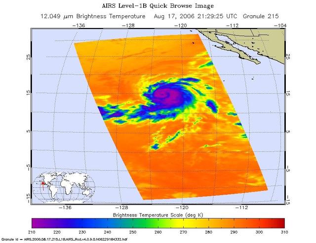 Infrared, microwave, and visible/near-infrared images of Hurricane Hector in the eastern Pacific were created with data from the Atmospheric Infrared Sounder (AIRS) on NASA's Aqua satellite on August 17, 2006.  The infrared AIRS image shows the temperature of the cloud tops or the surface of the Earth in cloud-free regions. The lowest temperatures (in purple) are associated with high, cold cloud tops that make up the top of the hurricane. The infrared signal does not penetrate through clouds. Where there are no clouds the AIRS instrument reads the infrared signal from the surface of the Earth, revealing warmer temperatures (red). At the time the data were taken from which these images were made, Hector is a well organized storm, with the strongest convection in the SE quadrant. The increasing vertical wind shear in the NW quadrant is appearing to have an effect. Maximum sustained winds are at 85 kt, gusts to 105 kt. Estimated minimum central pressure is 975 mbar.  The microwave image is created from microwave radiation emitted by Earth's atmosphere and received by the instrument. It shows where the heaviest rainfall is taking place (in blue) in the storm. Blue areas outside of the storm where there are either some clouds or no clouds, indicate where the sea surface shines through.  The "visible" image is created from data acquired by the visible light/near-infrared sensor on the AIRS instrument.   http://photojournal.jpl.nasa.gov/catalog/PIA00507