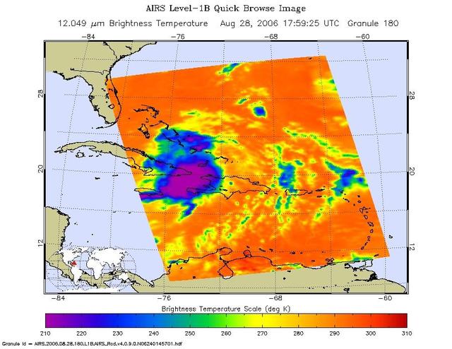 This infrared image shows Tropical Storm Ernesto over Cuba, from the Atmospheric Infrared Sounder AIRS on NASA Aqua satellite in August, 2006. Because infrared radiation does not penetrate through clouds, AIRS infrared images show either the temperature of the cloud tops or the surface of the Earth in cloud-free regions. The lowest temperatures (in purple) are associated with high, cold cloud tops that make up the top of the storm. In cloud-free areas the AIRS instrument will receive the infrared radiation from the surface of the Earth, resulting in the warmest temperatures (orange/red).  http://photojournal.jpl.nasa.gov/catalog/PIA00510