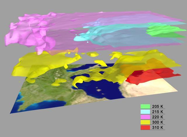 AIRS Retrieved Temperature Isotherms over Southern Europe viewed from the west, September 8, 2002. The isotherms in this map made from AIRS onboard NASA Aqua satellite data show regions of the same temperature in the atmosphere.  http://photojournal.jpl.nasa.gov/catalog/PIA00513