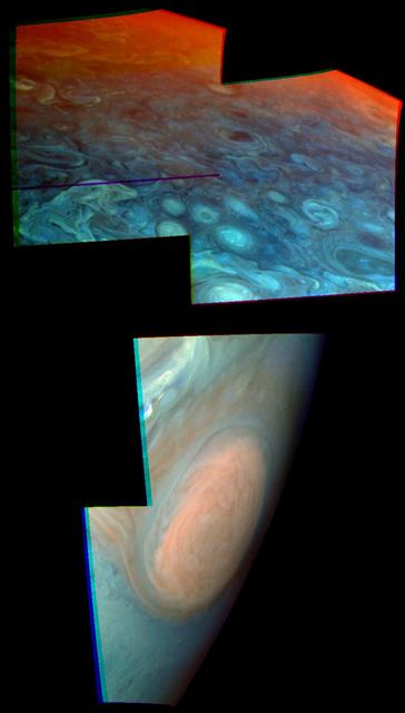 These two views of Jupiter obtained by NASA Galileo spacecraft show evidence of strikingly different stratospheric hazes between the polar regions and low or mid latitudes. The Great Red Spot shows in one mosaic taken on June 26, 1996.