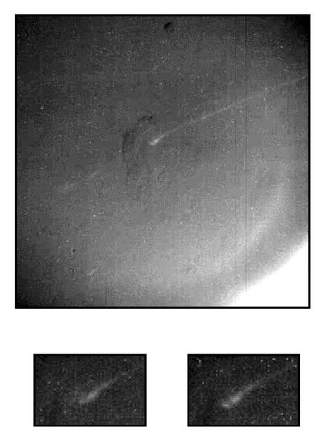 This image, taken by NASA Galileo spacecraft, shows the darkside of Jupiter, the part not illuminated by sunlight. The curved line crossing from the lower left to the upper right is the auroral arc on the horizon.