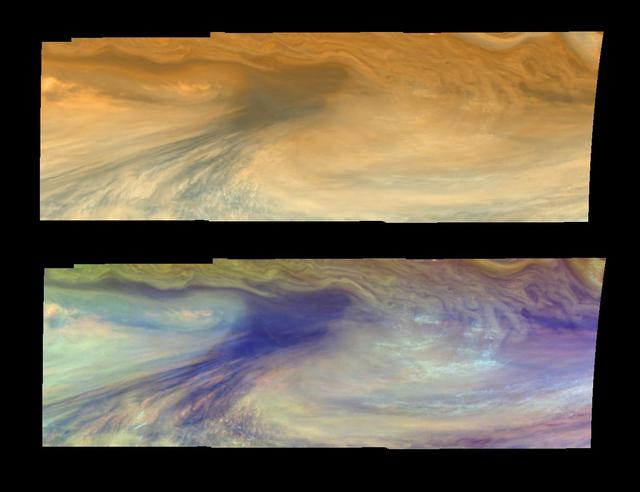 True and false color views of Jupiter from NASA's Galileo spacecraft show an equatorial "hotspot" on Jupiter. These images cover an area 34,000 kilometers by 11,000 kilometers (about 21,100 by 6,800 miles). The top mosaic combines the violet and near infrared continuum filter images to create an image similar to how Jupiter would appear to human eyes. Differences in coloration are due to the composition and abundances of trace chemicals in Jupiter's atmosphere. The bottom mosaic uses Galileo's three near-infrared wavelengths displayed in red, green, and blue) to show variations in cloud height and thickness. Bluish clouds are high and thin, reddish clouds are low, and white clouds are high and thick. The dark blue hotspot in the center is a hole in the deep cloud with an overlying thin haze. The light blue region to the left is covered by a very high haze layer. The multicolored region to the right has overlapping cloud layers of different heights. Galileo is the first spacecraft to distinguish cloud layers on Jupiter.  North is at the top. The mosaic covers latitudes 1 to 10 degrees and is centered at longitude 336 degrees west. The smallest resolved features are tens of kilometers in size. These images were taken on December 17, 1996, at a range of 1.5 million kilometers (about 930,000 miles) by the Solid State Imaging camera system aboard Galileo.  http://photojournal.jpl.nasa.gov/catalog/PIA00602