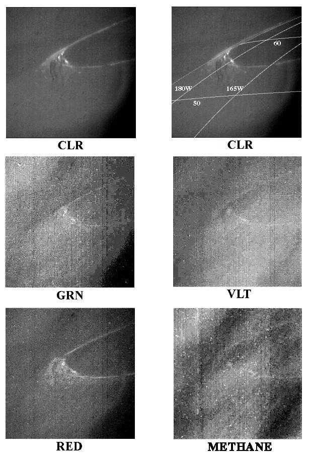 Jupiter's aurora on the night side of the planet is seen here at five different wavelengths. Jupiter's bright crescent, which is about half illuminated, is out of view to the right. North is at the top. The images are centered at 57 degrees north and 184 degrees West and were taken on April 2, 1997 at a range of 1.7 million kilometers (1.05 million miles) by the Solid State Imaging (SSI) camera system aboard NASA's Galileo spacecraft.  Although Jupiter's aurora had been imaged from Earth in the ultraviolet and infrared, these are the first images at visible wavelengths, where most of the emission takes place. CLR stands for clear (no filter) and shows the integrated brightness at all wavelengths. The other panels show the violet, green, red, and 889 nanometer-wavelength filtered images. The brightness of the aurora is roughly independent of wavelength, at least at the spectral resolution obtainable with these filters.  As on Earth, the aurora is caused by electrically charged particles striking the upper atmosphere, causing the molecules of the atmosphere to glow. The brightness in the different filters contains information about the energy of the impinging particles and the composition of the upper atmosphere. If atomic hydrogen were the only emitter, the light would be much stronger in the red filter, which is not consistent with the observed distribution.  http://photojournal.jpl.nasa.gov/catalog/PIA00605