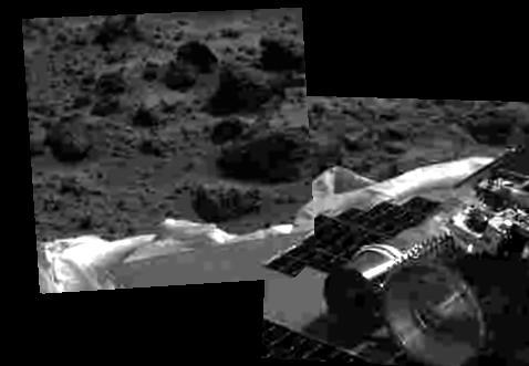 This image shows that the Mars Pathfinder airbags have been successfully retracted, allowing safe deployment of the rover ramps. The Sojourner rover is at lower right, and rocks are visible in the background. Mars Pathfinder landed successfully on the surface of Mars today at 10:07 a.m. PDT.  http://photojournal.jpl.nasa.gov/catalog/PIA00618