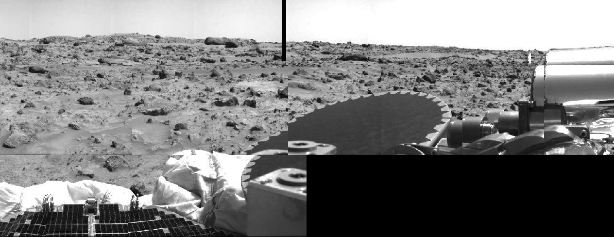 Areas of rocky Martian terrain are seen in this image, taken by the Imager for Mars Pathfinder (IMP) on Sol 2. Portions of a lander petal and deflated airbag are at lower left. The dark disk at center is the high-gain antenna, and the silver cylindrical objects at upper right are part of the antenna's mechanism. An area of relatively smooth terrain is seen at upper right, which may offer clues to how this area was formed, and may be a future target for Sojourner's studies. The black area at lower right and small strip at top center is missing data.  http://photojournal.jpl.nasa.gov/catalog/PIA00625