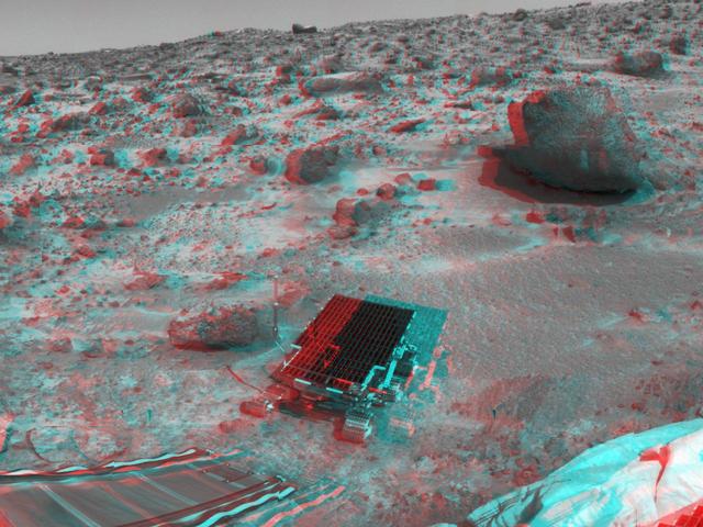 This area of terrain near the Sagan Memorial Station was taken by NASA Mars Pathfinder. The curved rock dubbed Couch. 3D glasses are necessary to identify surface detail.