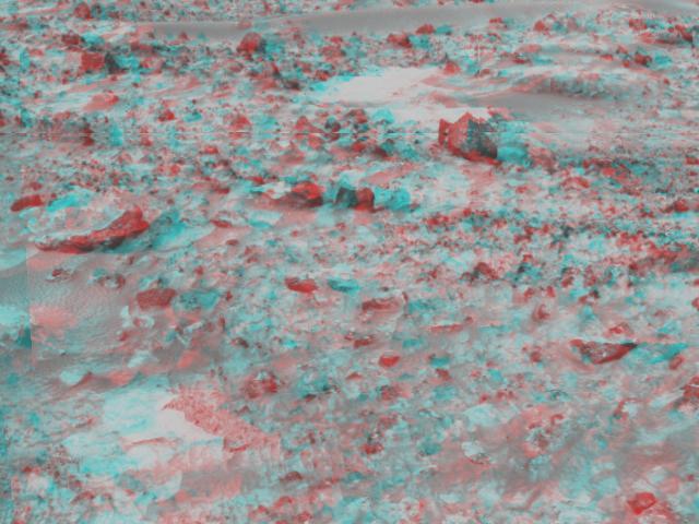 This area of rocky terrain near the Sagan Memorial Station was taken by NASA Mars Pathfinder. 3D glasses are necessary to identify surface detail. 