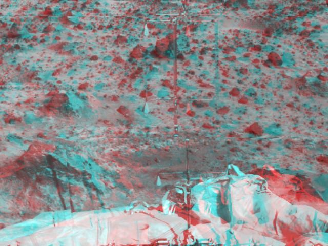 The Atmospheric Structure Instrument/Meteorology Package ASI/MET is the mast and windsocks at the center of this stereo image from NASA Mars Pathfinder. 3D glasses are necessary to identify surface detail. 
