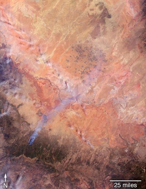 On April 27, 2018, the Tinder Fire ignited in eastern Arizona near the Blue Ridge Reservoir, about 50 miles (80 kilometers) southeast of Flagstaff and 20 miles (32 kilometers) northeast of Payson. During the first 24 hours it remained relatively small at 500 acres (202 hectares), but on April 29, during red flag wind conditions, it exploded to 8,600 acres (3,480 hectares). Residents of rural communities in the area were forced to evacuate and an unknown number of structures were burned. As of April 30, the Tinder Fire had burned a total of 11,400 acres (4,613 hectares).  On April 30 at 11:15 a.m. local time, the Multi-angle Imaging SpectroRadiometer (MISR) captured imagery of the Tinder Fire as it passed overhead on NASA's Terra satellite. The MISR instrument has nine cameras that view Earth at different angles. This image shows the view from MISR's nadir (downward-pointing) camera. The angular information from MISR's images is used to calculate the height of the smoke plume, results of which are superimposed on the right-hand image. This shows that the plume top near the active fire was at approximately 13,000 feet altitude (4,000 meters). In general, higher-altitude plumes transport smoke greater distances from the source, impacting communities downwind. A stereo anaglyph providing a three-dimensional view of the plume is also shown. Red-blue glasses with the red lens placed over your left eye are required to observe the 3D effect.  These data were acquired during Terra orbit 97691.  An annotated figure and anaglyph are available at  https://photojournal.jpl.nasa.gov/catalog/PIA00698