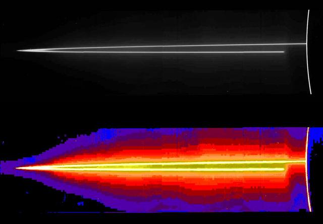 A mosaic of four images taken through the clear filter (610 nanometers) of the solid state imaging (CCD) system aboard NASA's Galileo spacecraft on November 8, 1996, at a resolution of approximately 46 kilometers (28.5 miles) per picture element (pixel) along Jupiter's rings. Because the spacecraft was only about 0.5 degrees above the ring plane, the image is highly foreshortened in the vertical direction. The images were obtained when Galileo was in Jupiter's shadow, peering back toward the Sun; the ring was approximately 2.3 million kilometers (1.4 million miles) away. The arc on the far right of the image is produced when sunlight is scattered by small particles comprising Jupiter's upper atmospheric haze. The ring also efficiently scatters light, indicating that much of its brightness is due to particles that are microns or less in diameter. Such small particles are believed to have human-scale lifetimes, i.e., very brief compared to the solar system's age. http://photojournal.jpl.nasa.gov/catalog/PIA00701