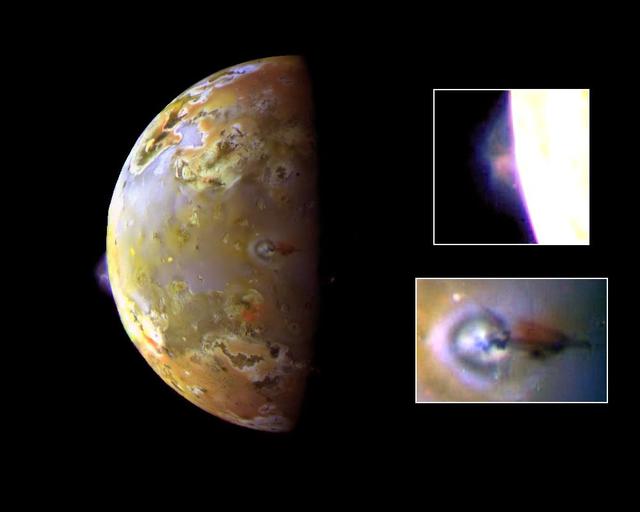 This color image, acquired during NASA Galileo ninth orbit around Jupiter, shows two volcanic plumes on Io. One plume was captured on the bright limb or edge of the moon, erupting over a caldera volcanic depression named Pillan Patera.