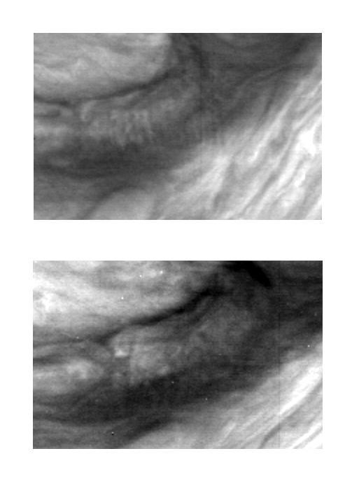 These two images of Jupiter atmosphere were taken with the violet filter of the Solid State Imaging CCD system aboard NASA Galileo spacecraft. Mesoscale waves can be seen in the center of the upper image. The images were obtained on June 26, 1996.