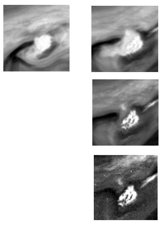 These two images of Jupiter atmosphere were taken by NASA Galileo spacecraft on June 26, 1996. The bright white spot in the center of each image is to the northwest of Jupiter Great Red Spot GRS.