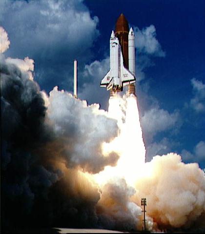 Liftoff of STS-34 Atlantis, carrying NASA Galileo spacecraft and its Inertial Upper Stage IUS booster on October 18, 1989 at 12:35 p.m. EDT. P-35036BC