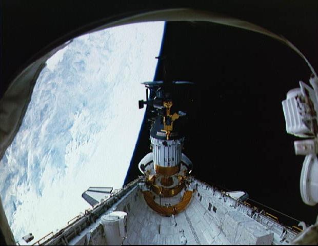 Deployment of NASA Galileo and the IUS from the cargo bay of STS-34 Atlantis at 7:15 p.m. EDT on October 18, 1989. P-35213