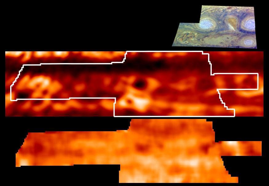 This is one of the highest resolution images ever recorded of Jupiter temperature field. It was obtained by NASA Galileo mission. This map, shown in the lower panel, indicates the forces powering Jovian winds.