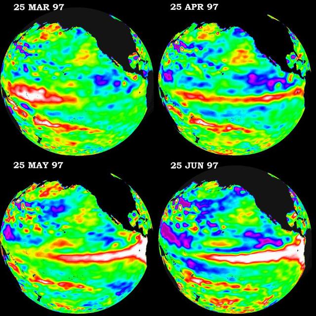 These four views of the Pacific Ocean were produced using sea surface height measurements taken by NASA U.S./French TOPEX/POSEIDON satellite.