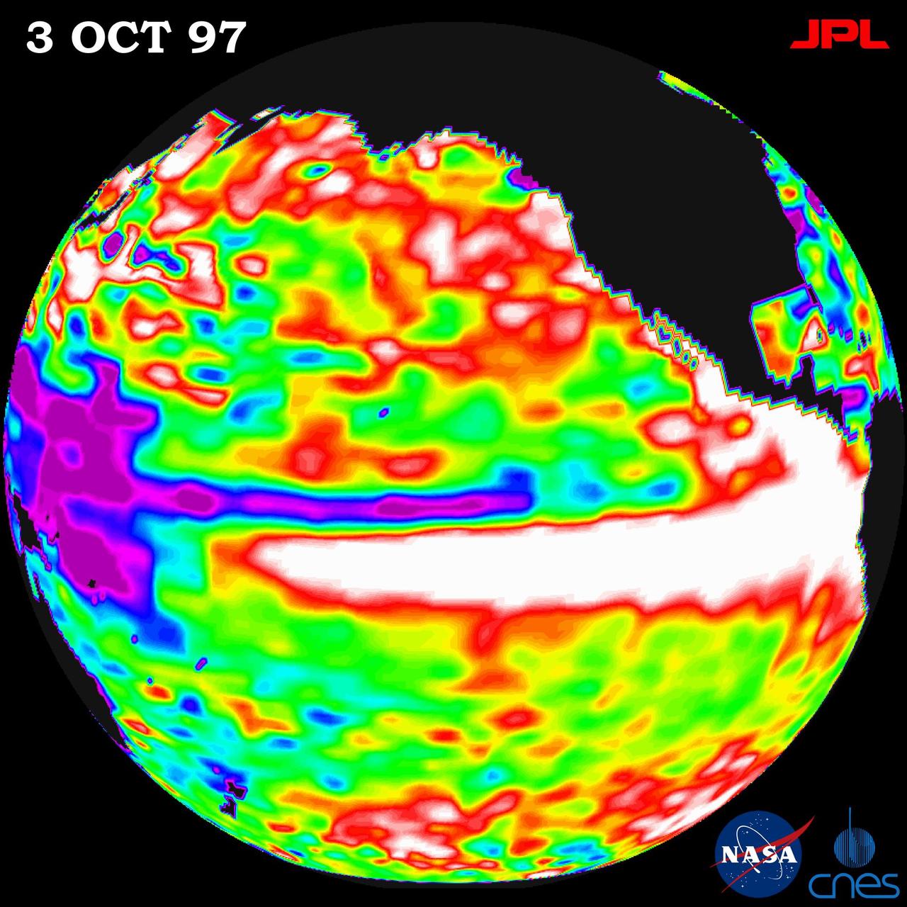 This image of the Pacific Ocean was produced using sea surface height measurements taken by NASA U.S./French TOPEX/Poseidon satellite.