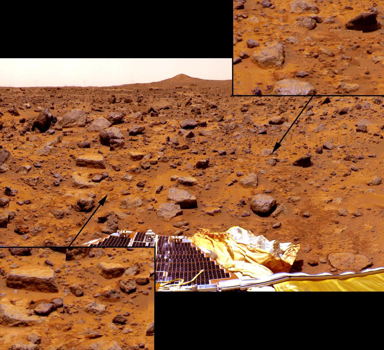 A close up of NASA Sojourner as it placed its Alpha Proton X-Ray Spectrometer APXS upon the surface of the rock Yogi. Distortion in the background is due to parallax.