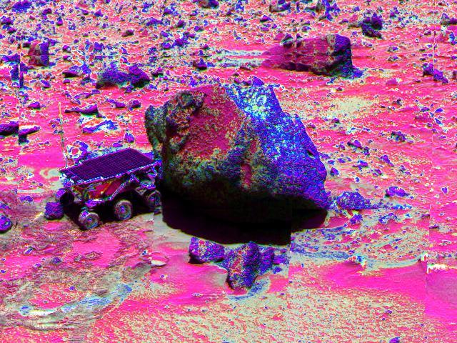 NASA Mars Pathfinder Lander, Sojourner, made contact with the rock Yogi in this false-color image from 1997, taken with the Imager for Mars Pathfinder IMP.