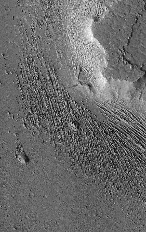 Extensive wind-swept plains of the Medusae Fossae formation on Mars. This northern subframe image, frame 3104, is of a 3.0 x 4.7 km area centered near 2.4 degrees north, 163.8 degrees west.  Science Magazine, Volume 279, Number 5357, 13 March 1998, M. C. Malin, et. al., "Early Views of the Martian Surface from the Mars Orbiter Camera of Mars Global Surveyor", pp. 1681-1685 (Fig. 1A)   http://photojournal.jpl.nasa.gov/catalog/PIA00800