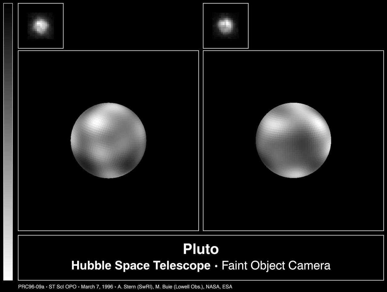The never-before-seen surface of the distant planet Pluto is resolved in these NASA Hubble Space Telescope pictures, taken with the European Space Agency Faint Object Camera FOC aboard Hubble.