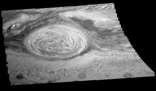 The mosaic of the Great Red Spot on Jupiter from NASA Galileo orbiter was taken over an 80 second interval beginning at universal time 14 hours, 30 minutes, 23 seconds, on June 26, 1996.