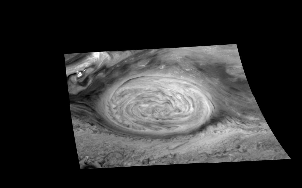 This mosaic of the Great Red Spot on Jupiter from NASA Galileo orbiter was taken over a 76 second interval beginning at universal time 14 hours, 31 minutes, 52 seconds on June 26, 1996.