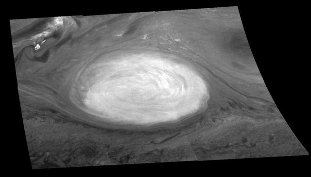The mosaic of the Great Red Spot on Jupiter from NASA Galileo orbiter was taken over a 76 second interval beginning at universal time 14 hours, 33 minutes, 22 seconds, on June 26, 1996.