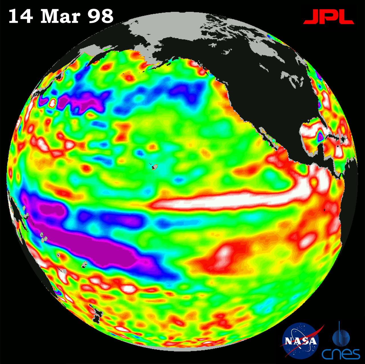 This image of the Pacific Ocean was produced using sea surface height measurements taken by NASA U.S.-French TOPEX/Poseidon satellite.