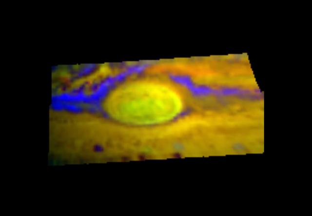 This infrared image, taken by NASA Galileo spacecraft in late June, 1996, of Jupiter Great Red Spot has different colors than what you normally see.