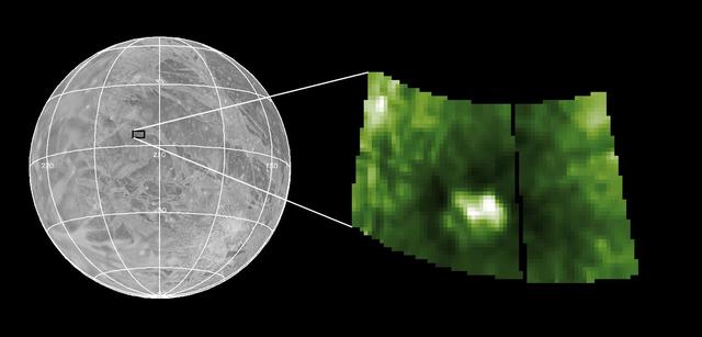 The left image is an airbrush map of the surface of Ganymede from NASA Voyager data. The small square shows the location of Antum crater, target of the image from NASA Galileo spacecraft on the right.