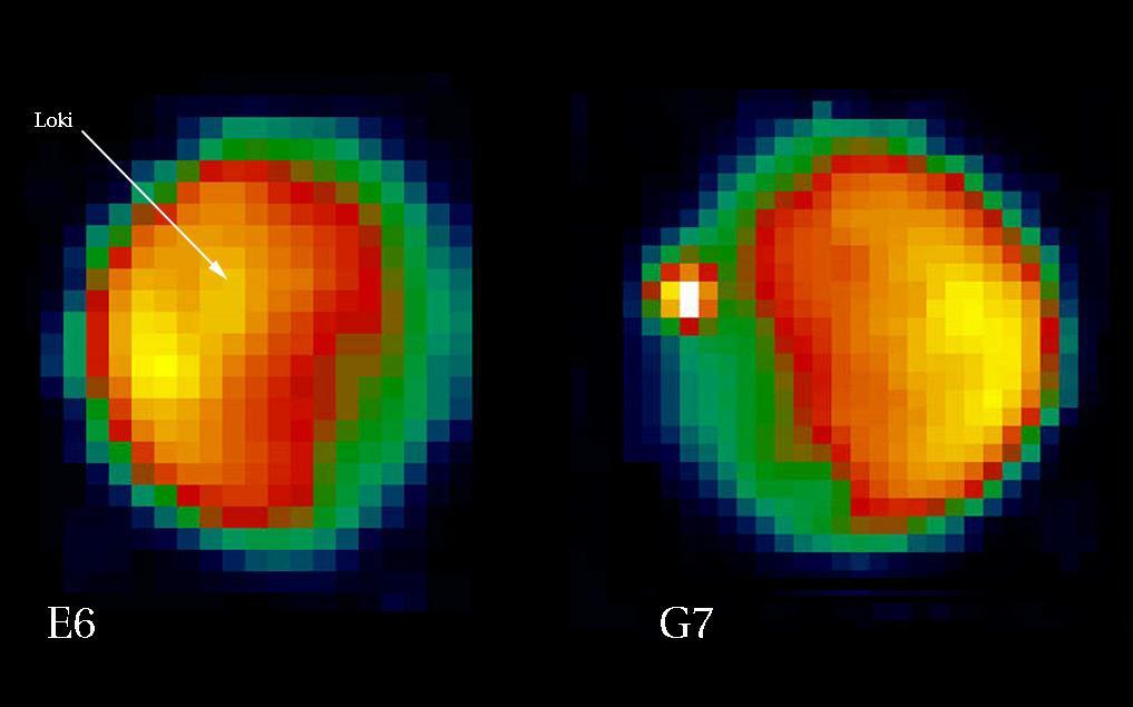 On Feb. 21, 1997, the Galileo spacecraft observed Io in daylight from a range of approximately 703,000 km 440,000 miles. Loki Patera, historically the most active and persistent hot spot on Io, is located on the hemisphere of Io always facing Jupiter.