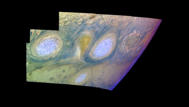 These images, taken on February 19, 1997 by NASA Galileo orbiter, show two of the three long-lived White Ovals that formed to the south of the Jupiter Great Red Spot.