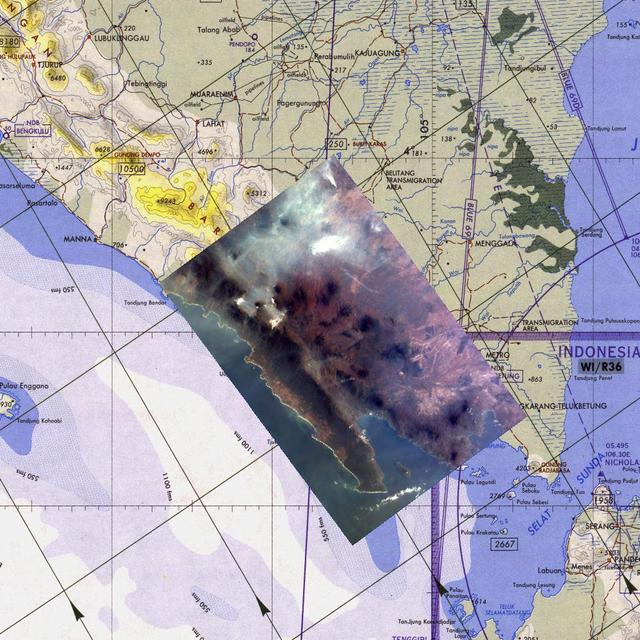 Middle school students across the country photographed the fires and smoke over southern Sumatra from a camera aboard the Space Shuttle Atlantis September 27, 1997.