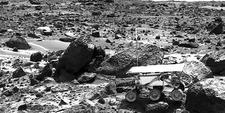 This image shows the Sojourner rover's Alpha Proton X-ray Spectrometer (APXS) deployed against the rock "Stimpy" on the afternoon of Sol 68 (September 11). The two rocks behind the rover were previously analyzed by the APXS.  Sojourner spent 83 days of a planned seven-day mission exploring the Martian terrain, acquiring images, and taking chemical, atmospheric and other measurements. The final data transmission received from Pathfinder was at 10:23 UTC on September 27, 1997. Although mission managers tried to restore full communications during the following five months, the successful mission was terminated on March 10, 1998. http://photojournal.jpl.nasa.gov/catalog/PIA00968