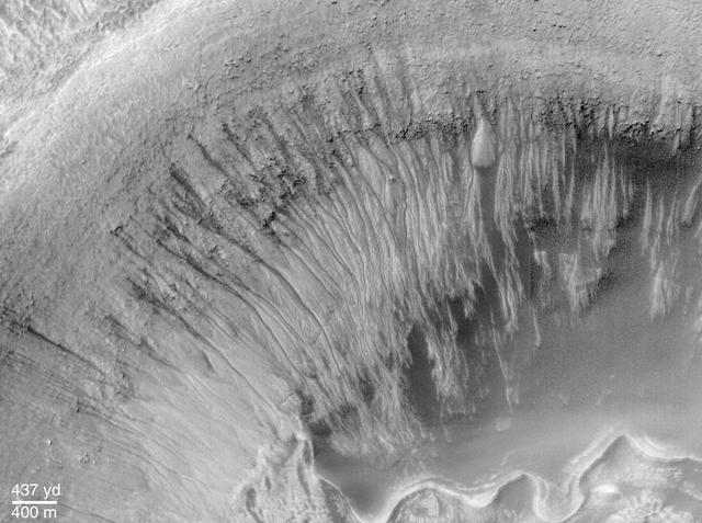 NASA image: Evidence for Recent Liquid Water on Mars: Channeled Aprons in a Small Crater within Newton Crater