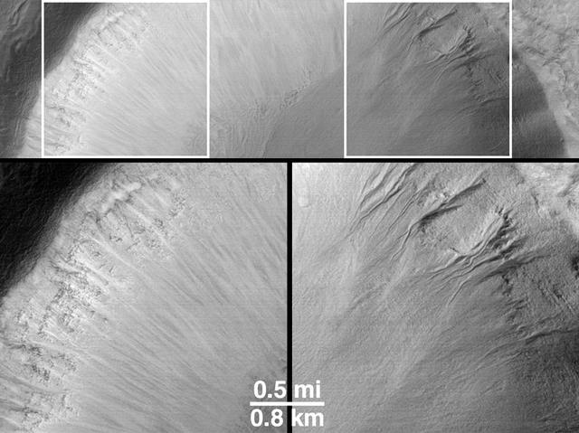 NASA image: Evidence for Recent Liquid Water on Mars: Dry Processes on One Slope; Wet Processes on Another