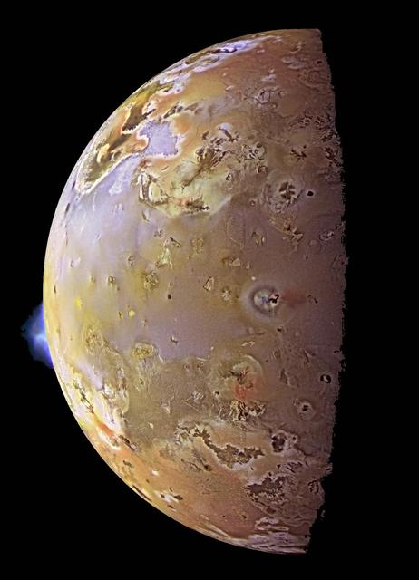 NASA image: Color Mosaic and Active Volcanic Plumes on Io