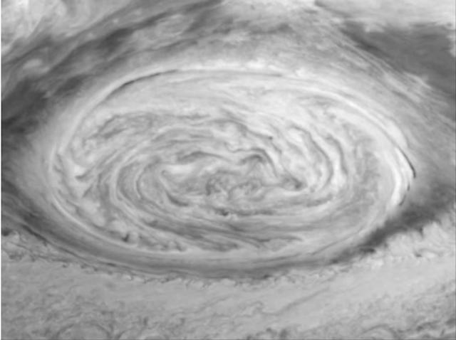 Dynamics of Jupiter's Great Red Spot in the NIR filter (756 nm) of the Galileo imaging system. Each of the three frames is a mosaic of six images that have been map-projected to a uniform grid of latitude and longitude. North is at the top. There is a nine-hour separation between the first two frames and seventy minutes between the next two. All of the images were taken on June 26, 1996. The Red Spot is 20,000 km long and has been followed by observers on Earth since the telescope was invented 300 years ago. It is a huge storm made visible by variations in the composition of the cloud particles and the amount of cloud cover. Winds in the outer part of the Red Spot reach 250 mph while the center remains quiescent. These Galileo data will help scientists understand what drives this storm and why it persists for so many years.  http://photojournal.jpl.nasa.gov/catalog/PIA01083
