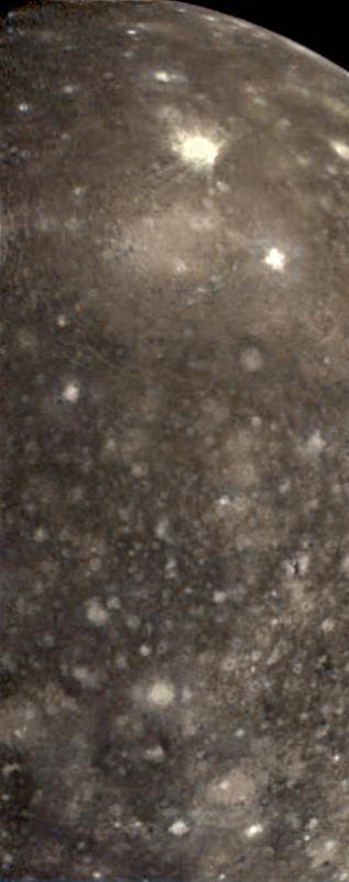 False color view of a portion of the leading hemisphere of Jupiter's moon Callisto as seen through the infrared filters of the Solid State Imaging (CCD) system aboard NASA's Galileo spacecraft. North is to the top of the picture and the sun illuminates the surface from the east. More recent impacts have excavated bright, relatively clean ice from beneath Callisto's battered surface. Callisto's dark mottled appearance may be due to contamination by non-ice components contributed by impactors or concentrated in a residue as ice is removed. This color composite image is centered on longitude 139 West and encompasses an area about 1000 miles (1600 kilometers) by 2470 miles (4000 kilometers). The images were obtained on November 3rd, 1996.  http://photojournal.jpl.nasa.gov/catalog/PIA01100