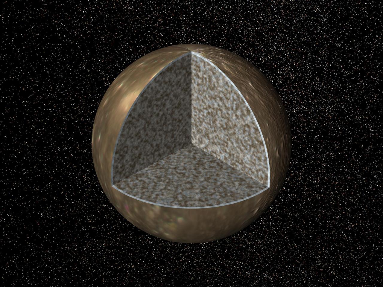 Cutaway view of the possible internal structure of Callisto. The surface of the satellite is a mosaic of images obtained in 1979 by NASA Voyager spacecraft.