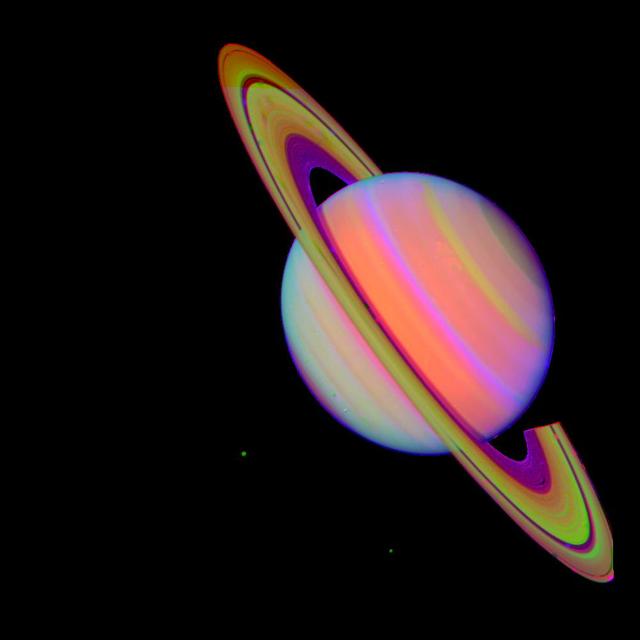 Saturn With Rhea and Dione false color