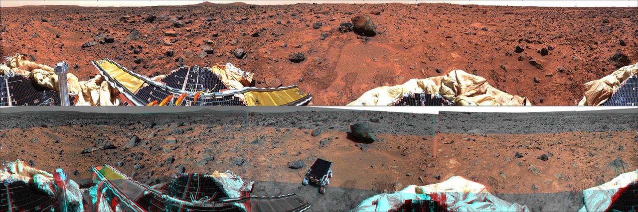 This panoramic view taken by NASA Mars Pathfinder is a controlled mosaic of approximately 300 IMP images. 3D glasses are necessary to identify surface detail. 