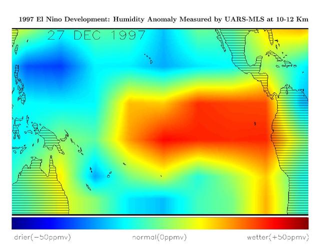 This image shows differences in atmospheric water vapor relative to a normal average year in the Earth upper troposphere about 10 kilometers 6 miles above the surface.